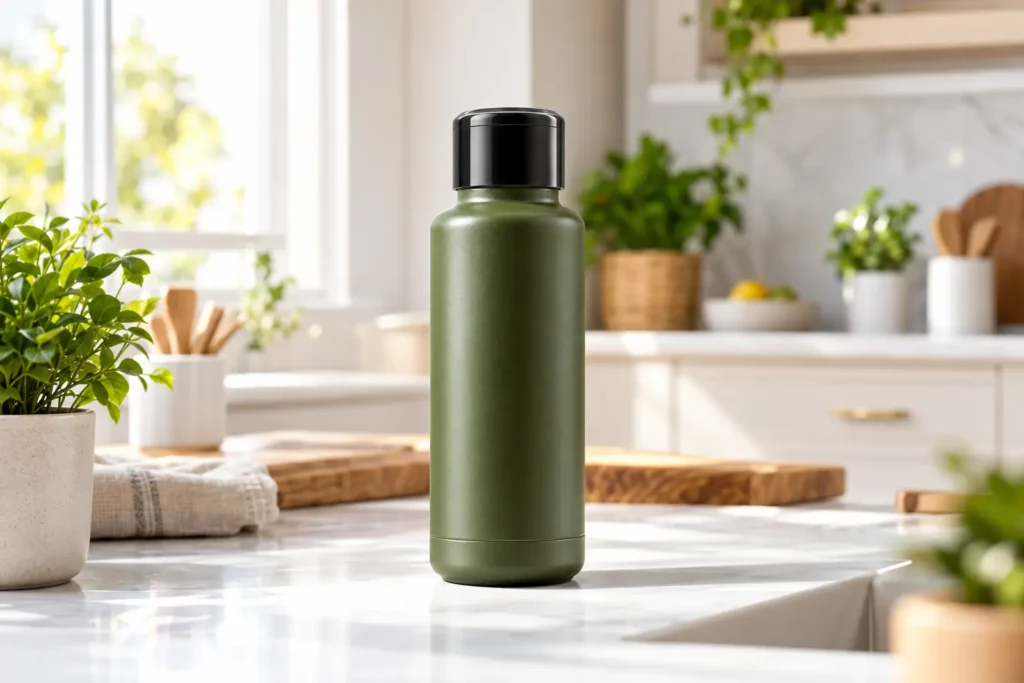 Olive Green Bottle in a Sunlit Kitchen