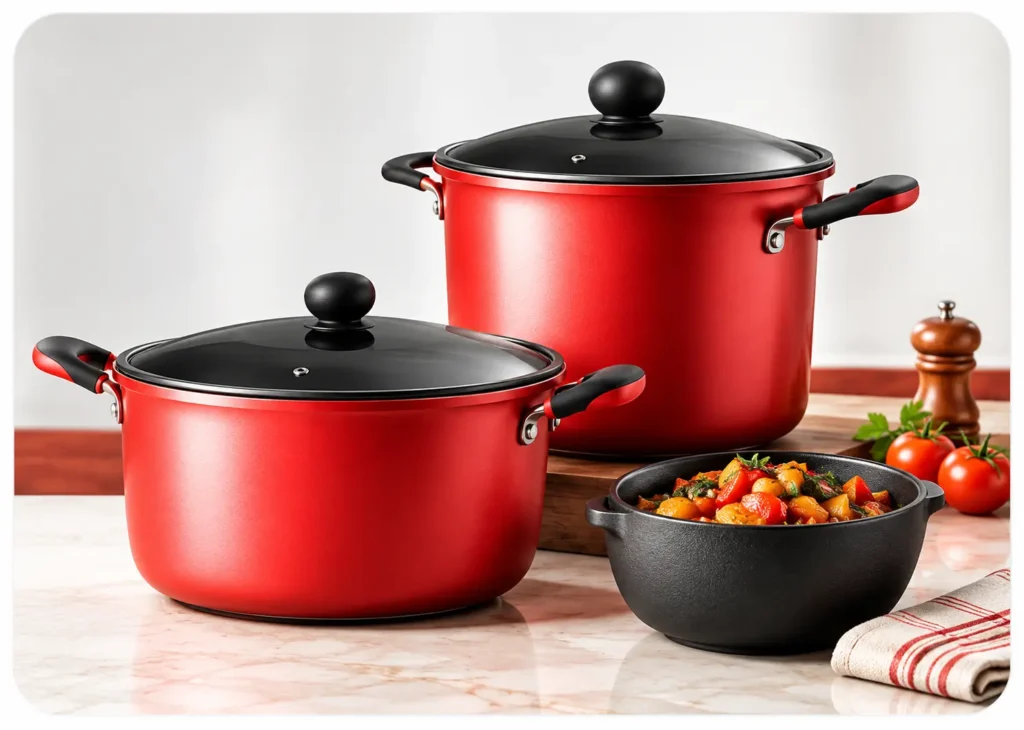 Red Cookware and Colorful Vegetable Stew